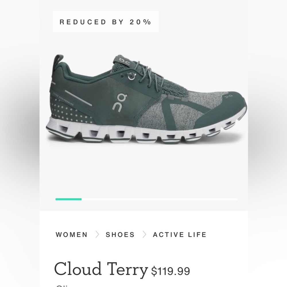 On Running, women’s cloud terry, olive. 9.5 running shoe